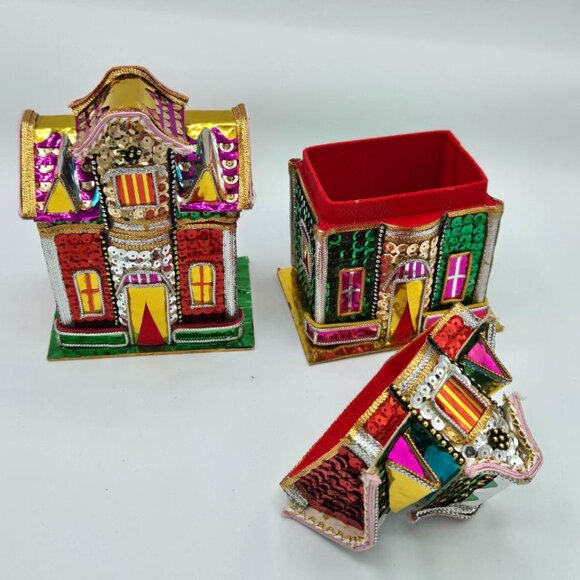 Lot of 5 Vintage The Bombay Company Christmas Putz Sequin Trinket Box Houses - Picture 8 of 16